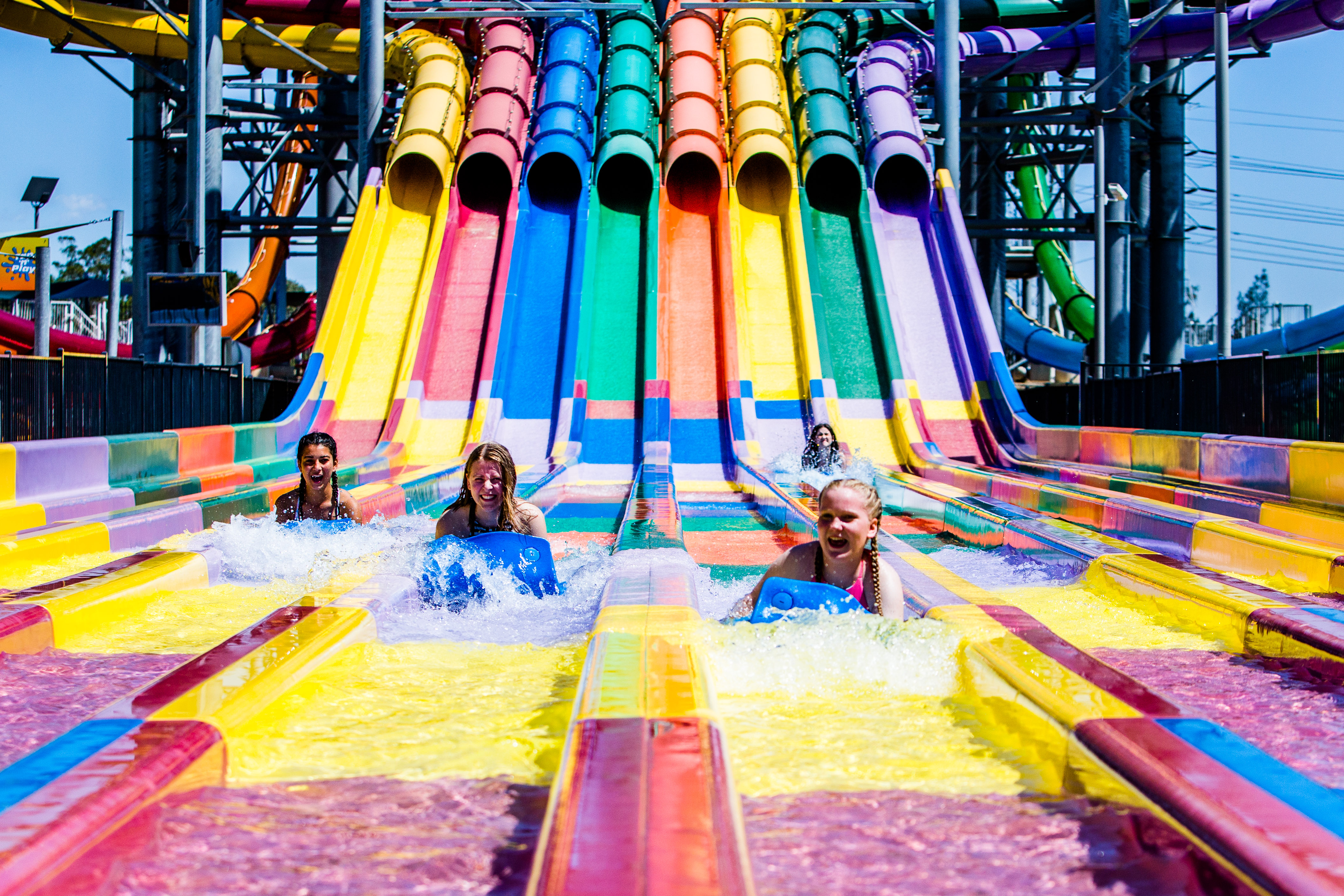 Sliding down tower 4 at Raging Waters Sydney