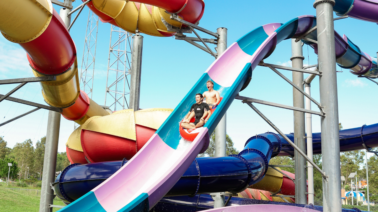 Sliding down tower 4 at Raging Waters Sydney